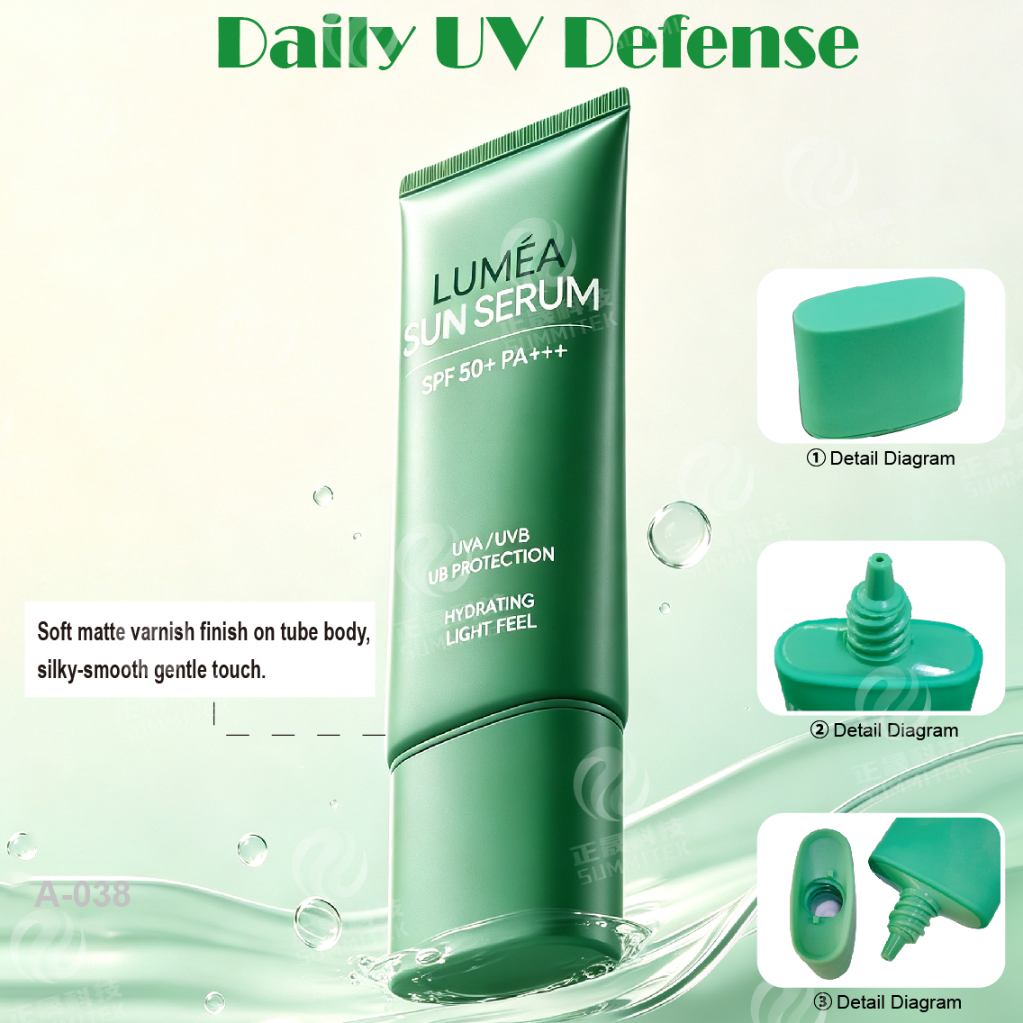 Tubo per protezione solare con ugello lungo | Confezione con protezione UV verde con tappo a vite
