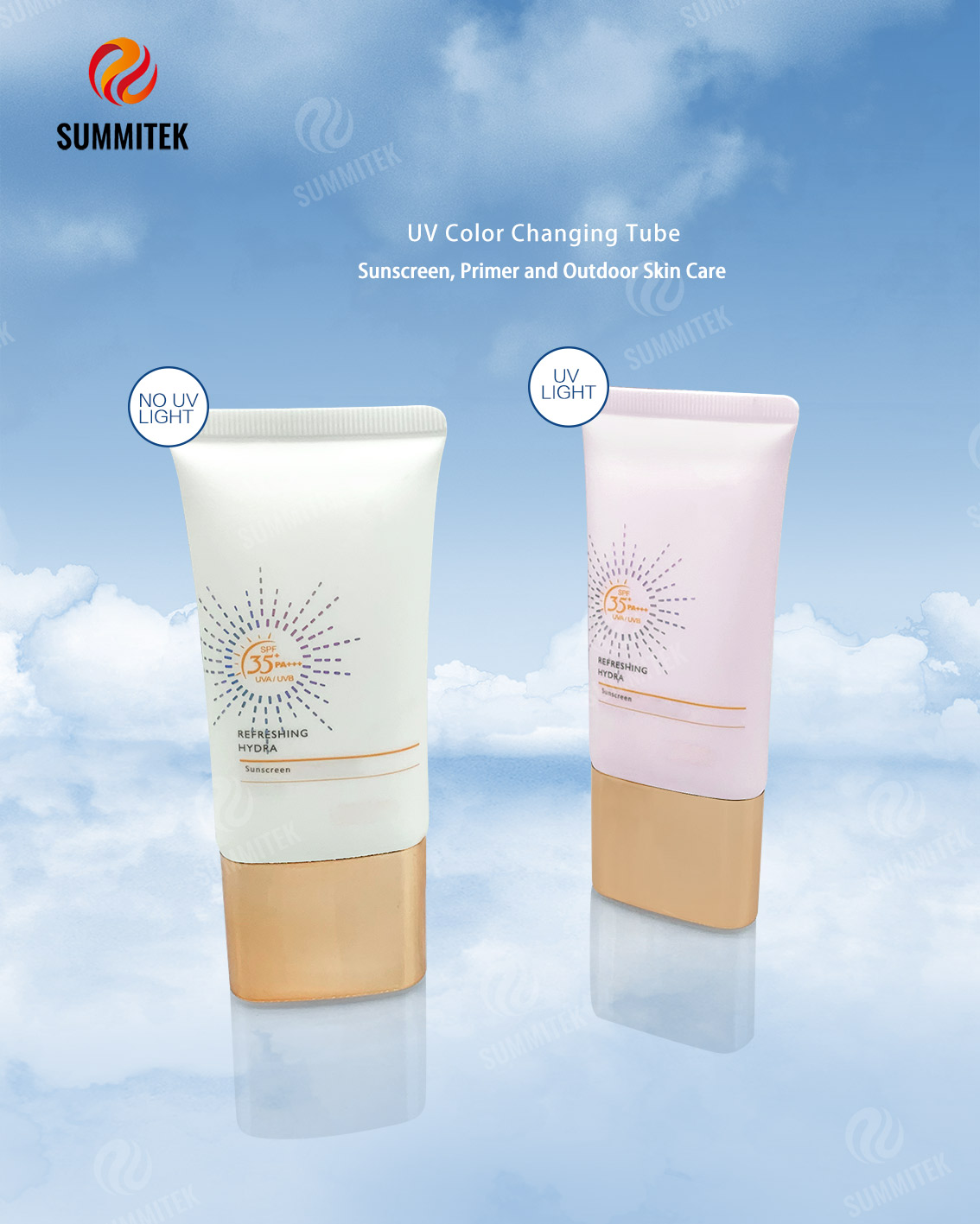 Tubi cosmetici che cambiano colore UV con ugello lungo per protezione solare e protezione solare