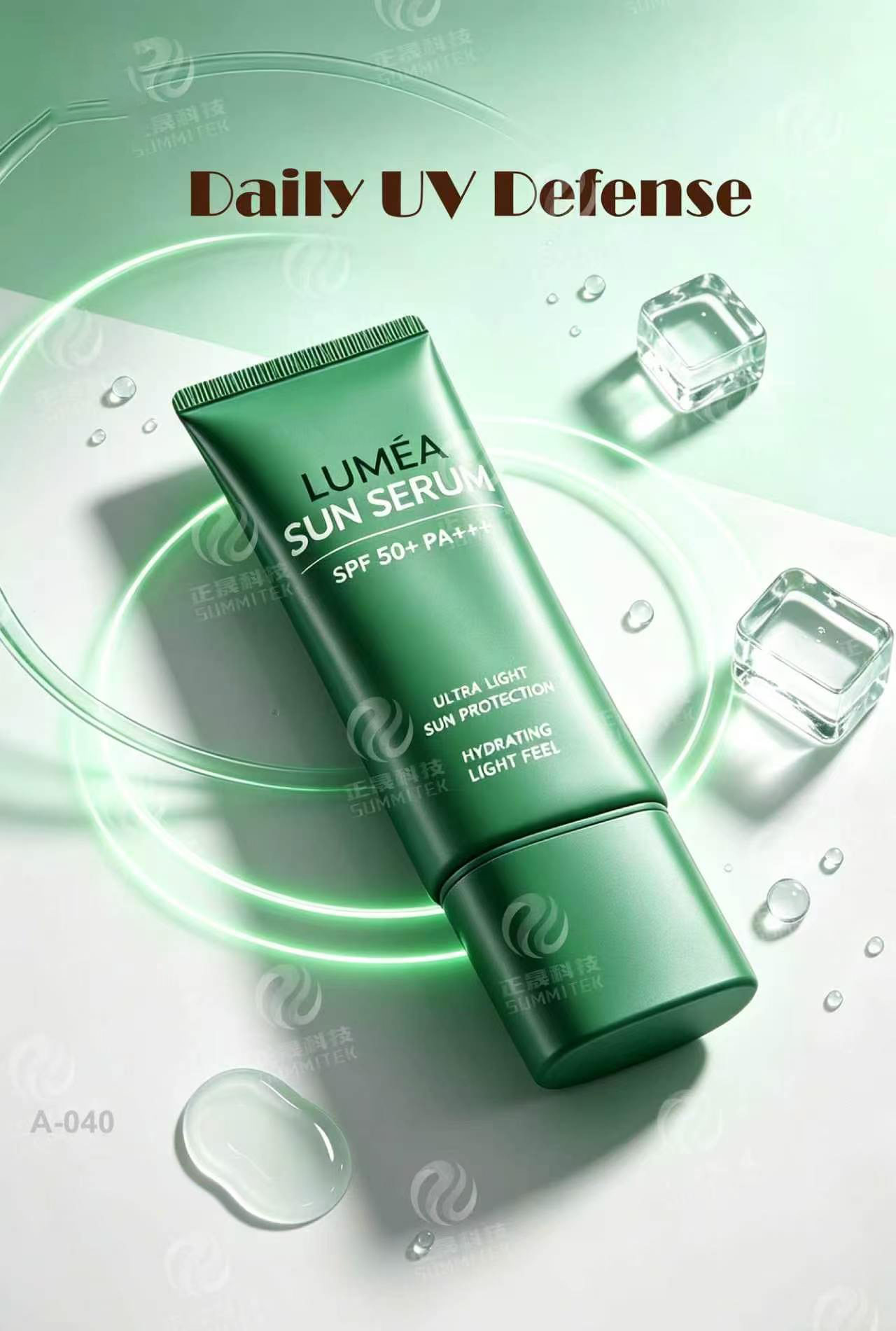 Tubo per protezione solare con ugello lungo | Confezione con protezione UV verde con tappo a vite