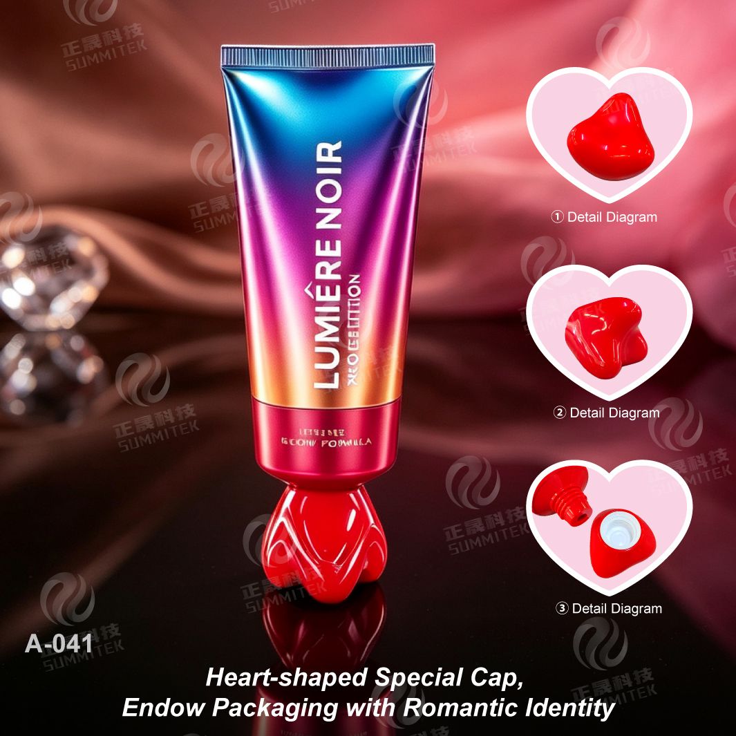 Tubo con tappo speciale a forma di cuore | Packaging cosmetico iridescente sfumato